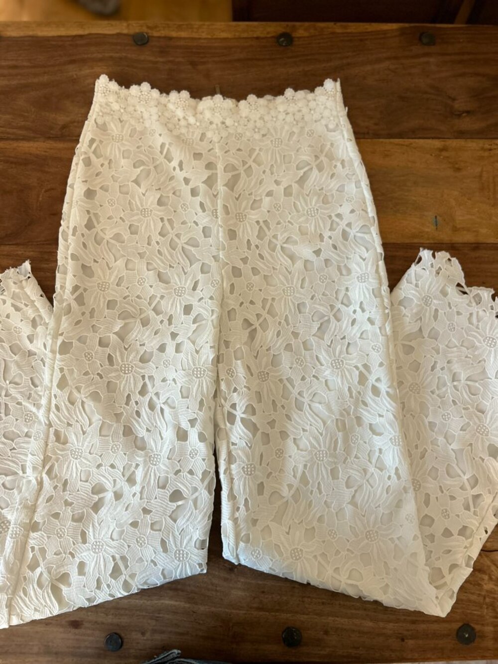 Custom Made Floral White Pants High Waisted, Flare/Wide leg Cut